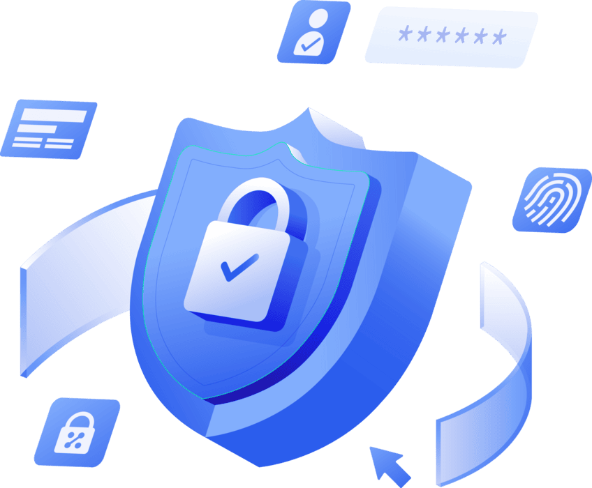 Escudo con candado y controles de seguridad: identidad, contraseñas, huella digital